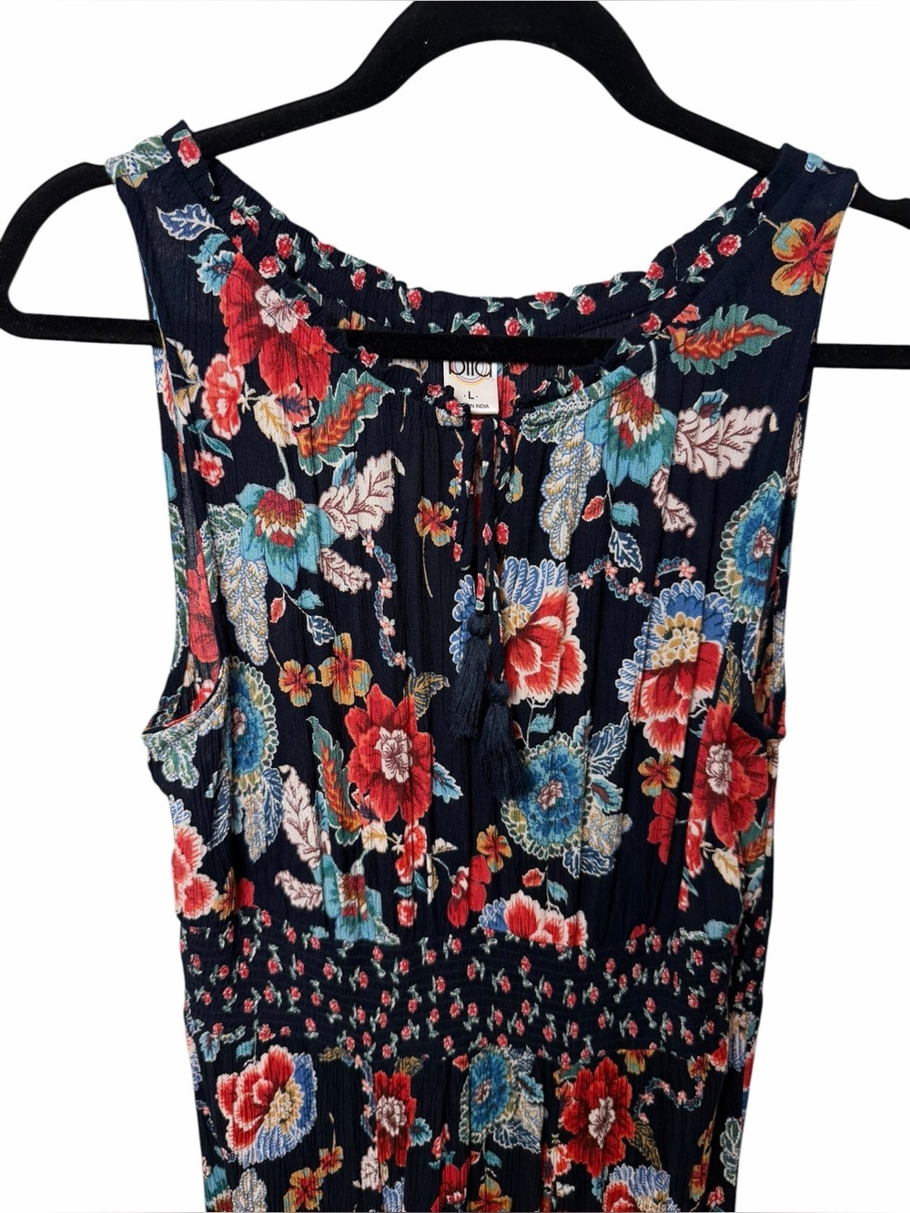 Bila Floral Smocked Maxi Dress Boho Cottagecore Handkerchief Hem L - Picture 4 of 9